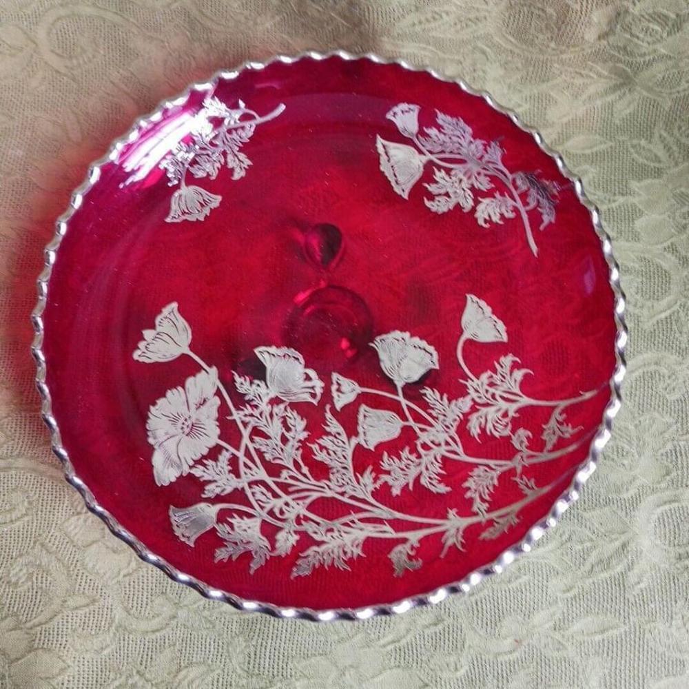 Vintage Viking Martinsville Red Crystal Candy Dish Sterling